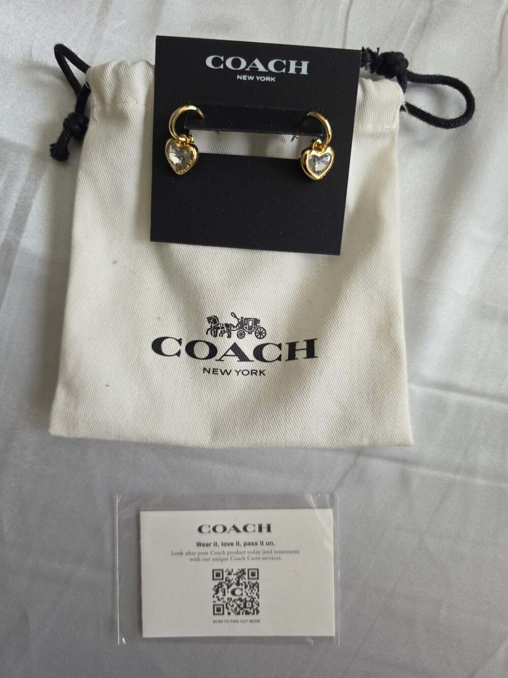 New Coach Crystal Heart Huggie Hoop Gold Earrings